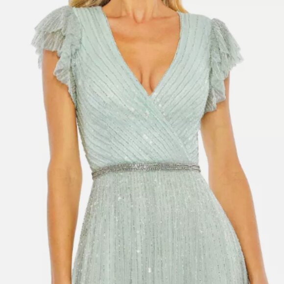 MAC DUGGAL 5502 SEQUINED WRAP OVER RUFFLED CAP SLEEVE SEAMIST GOWN sz 2 - Picture 2 of 6
